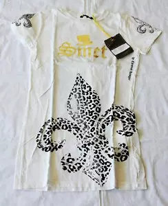 Christian Audigier SMET Women T-Shirt White "Born on Street" Gold Accent- Small - Picture 1 of 1