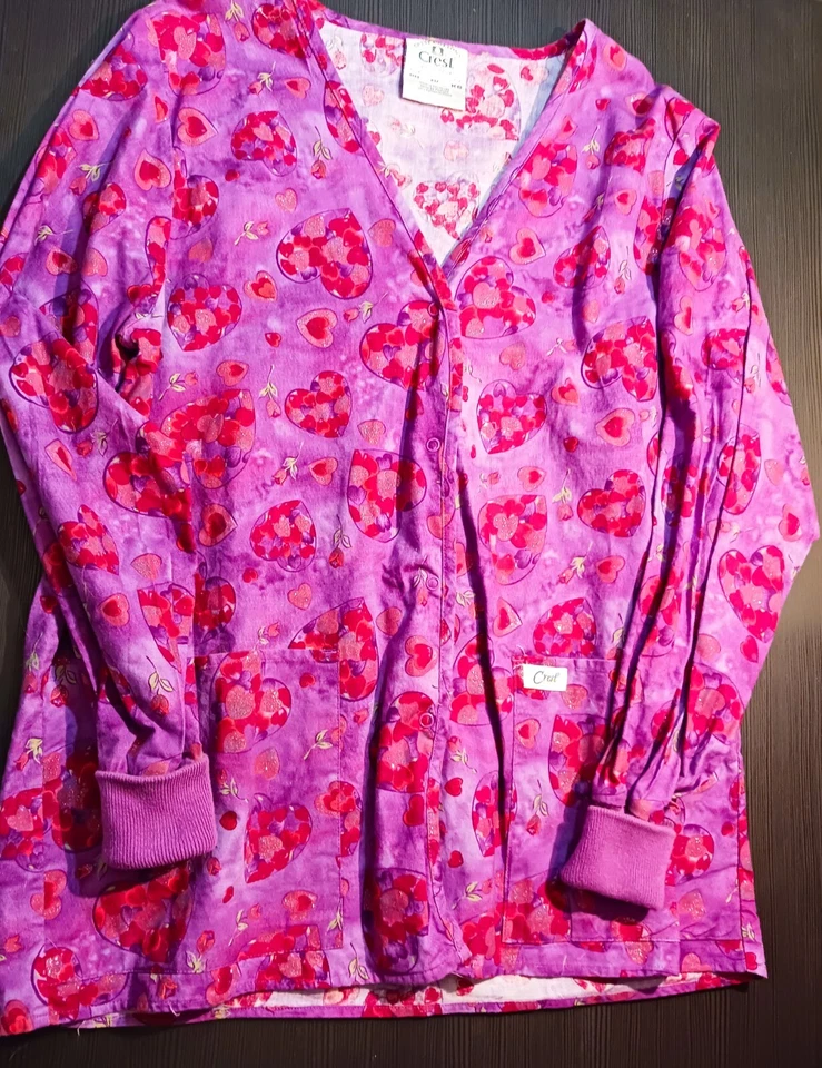 Crest Scrub Jacket  Purple Red Hearts Sparkle Love Ladies XS Workwear - Image 1 of 4