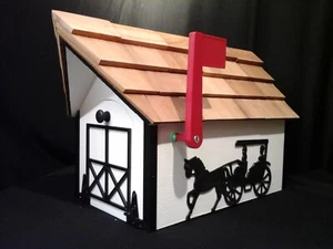 Amish handgefertigter handgefertigter ländlicher Briefkasten mit Flagge USPS Pferd & Buggy weiß/schwarz - Bild 1 von 1