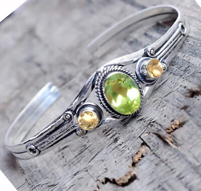 Faceted Peridot, Citrine Topaz Gemstone Bracelet 925 Sterling Silver Men's Cuff - Image 1 of 4