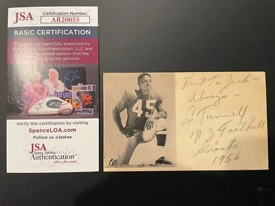 Emlen Tunnell Signed Index Card Football Hall of Fame Giants & Packers JSA Auth - Image 1 of 4