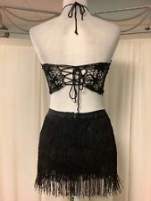 Terranova Cheryl Creations Vintage Lace Sequin Crop Halter Top Fringe Mini Skirt