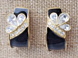 Trifari Black Enamel Modern Abstract Rhinestones Gold Tone Stud Earrings - Picture 1 of 10