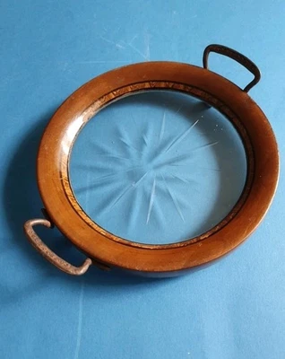 Antikes Tablett Jugendstil Glasboden Kristall Mahagonirahmen Griffe Metall - Bild 1 von 4