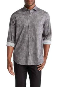 Bugatchi $179 Graphite Geo Print Regular Fit Cotton Button-Up Shirt Size M NWT - Picture 1 of 4