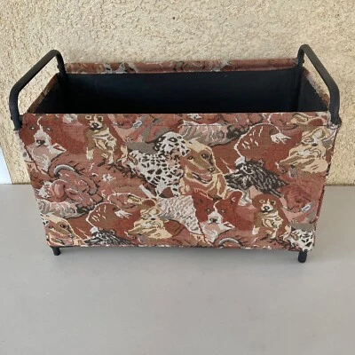 Dog Tapestry Storage Box Fabric Covered Metal Frame w Handles Legs Basket 19x10 - Image 1 of 4