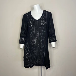 Johnny Was Tunic Top Blouse XS Black Embroidered Eyelet Pullover Cupra Rayon - Picture 1 of 18