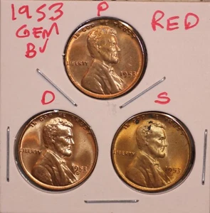1953 P D S LINCOLN WEIZEN CENT PENNY 1C ROTER EDELSTEIN BU SET (3 MÜNZEN) 53583 - Bild 1 von 2