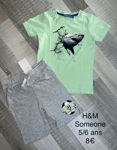 H&M Someone 5 / 6 Ans GARÇON /: T Shirt Requin + Short Jersey Gris Été - Imagen 1 de 1