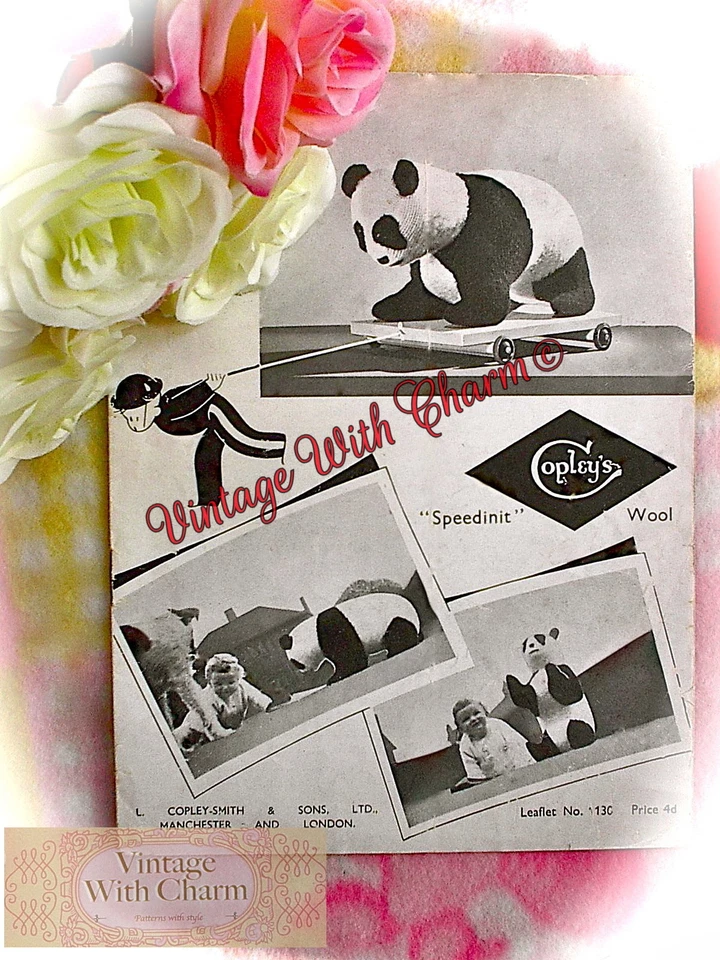 COPLEY Vintage 1940s Toy Knitting Pattern 'Baby Giant Panda' 21in. Long, 11½in. High