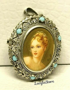 Vintage 800 Coin Silver Filigree Turquoise Hand Painted Portrait Pendant Brooch - Picture 1 of 12