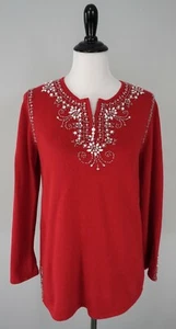 QUACKER FACTORY Red White Beaded Pearl Floral Sweater Size XS - Picture 1 of 6