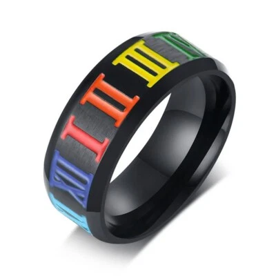 Anillo de acero inoxidable con banda numérica romana esmaltada arco iris negro de 8 mm para hombre talla 7-12 Foto 1 de 4