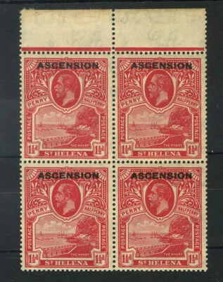 M1360 Ascension 1922 SG3 - 1 1/2d rose scarlet in a top marginal block of 4. - Image 1 of 2