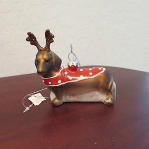 Glass Doxie Dachshund Ornament with Antlers Christmas Holiday  Glitter NWT - Picture 1 of 3