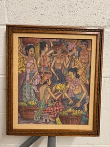 Vintage Balinese painting, oil on canvas, depicting a market scene in Ubud, Bali - Picture 1 of 3