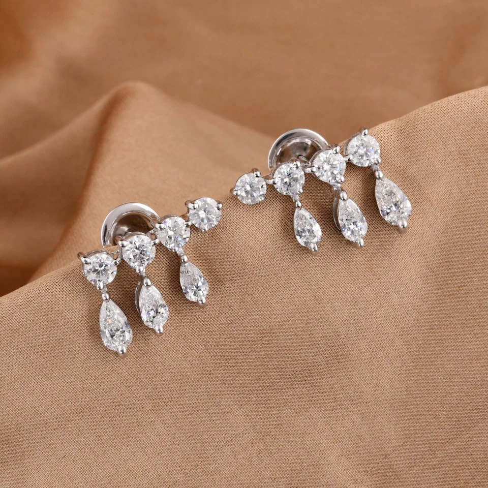 Natural SI/H Pear Round Diamond Dangle Earrings 14k White Solid Gold 0.51 Ct. - Image 1 of 4