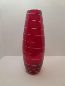 "Grande vaso vetro arte vintage rosso con fili a spirale bianchi 14" - Foto 1 di 5
