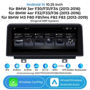 10.25" para BMW Serie 3/4 F30 F32 2013-2016 NBT Android14 Pantalla CarPlay GPS BT 6+64G - Imagen 1 de 22