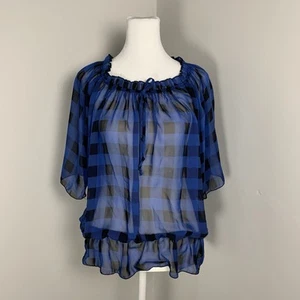 Simply Irresistible Blue Plaid Sheer Peasant Shirt Size Large Off the Shoulder - Picture 1 of 10
