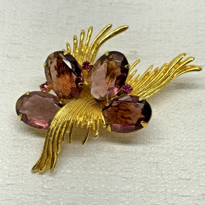 Stunning VTG Gold Tone Abstract Swirl Spray w/ 4 Purple Oval Stones Brooch RARE - Picture 1 of 3