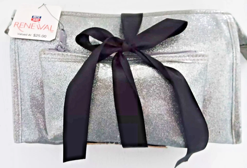 NEW Rite Aid Renewal ~ Medium Cosmetic Bag ~ 2 Piece Set in  METALIC SILVER - Image 1 of 1
