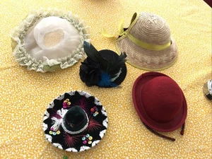5 Antique Vintage Doll Hats Small-Medium Size Dolls Lot Unique Variety NICE! - Picture 1 of 16