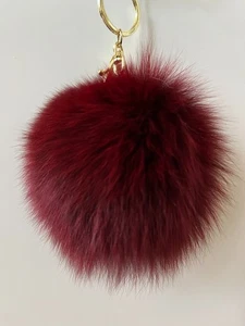 Key Chain Faux Rabbit Fur Puff Ball Pom Pom For Purse Handbag (Burgundy) - Picture 1 of 4