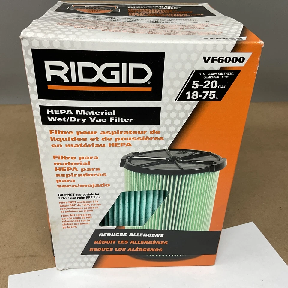 Cartucho de filtro HEPA de 5 capas Ridgid VF6000 HEPA verde húmedo/seco húmedo aspiradora Foto 1 de 4