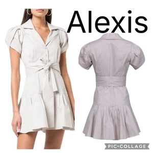 (H1) Alexis - Beige and white striped short-sleeved mini dress, size M - Picture 1 of 13