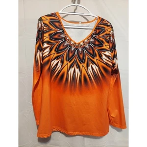 Orange Blumen Langarm V Ausschnitt Top Mandala Muster Trendy Freizeit Large - Bild 1 von 3