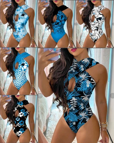 Carolina Panthers Womens One Piece Halter Neck Bathing Suit Cutout Swimsuit Cover