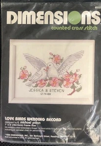 DIMENSIONS 'Love Birds Wedding Record" Cross Stitch Kit 1988 NIP 7" x 5" - Picture 1 of 5