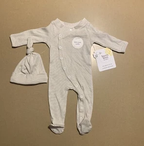 Burt's Bees Micro Stripe Organic Cotton Jumpsuit Knot Hat Set Preemie in Fossil - Picture 1 of 4
