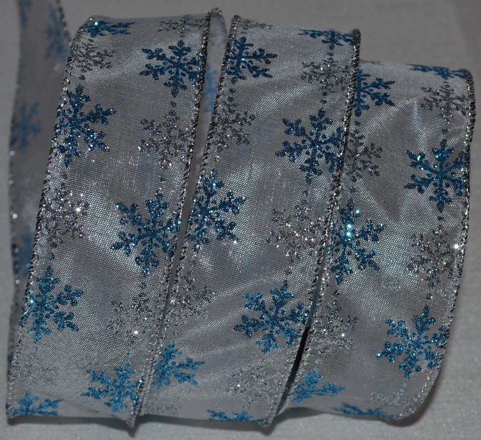 Cinta con cable ~ Transparente ~ Copo de nieve brillante azul de vacaciones ~ 1,5" ~ Plata de Navidad ~ Blanco Foto 1 de 1
