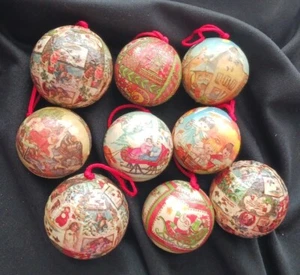 9 pc Vint RETRO DECOUPAGE Ball Christmas Non-Break Ornaments - Picture 1 of 11