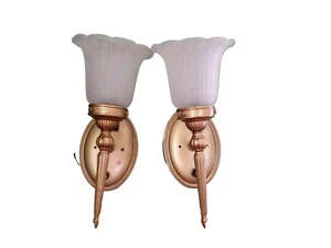 Vintage Pair Electric Wall Sconces Frosted Ribbed Tulip Asymmetrical Shades - Picture 1 of 12