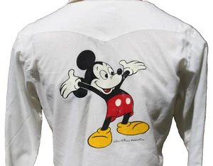 VTG 70s Kennington Disney Mickey Mouse Western Snaps Ivory Shirt Mens Sz S FLAWs - Picture 1 of 13