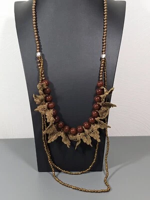 Collar Beachy Costero Marrón Crochet Cuentas Tono Bronce Capas Distintivo 30 pulgadas Foto 1 de 4