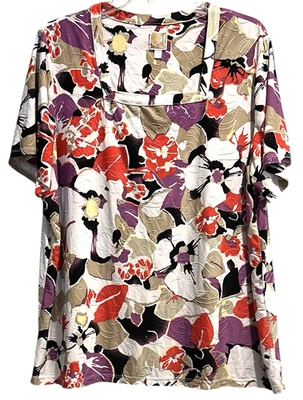 JM Collection Top Plus Size 2X Floral Multicolor Square Neck Jacquard Stretchy - Image 1 of 4
