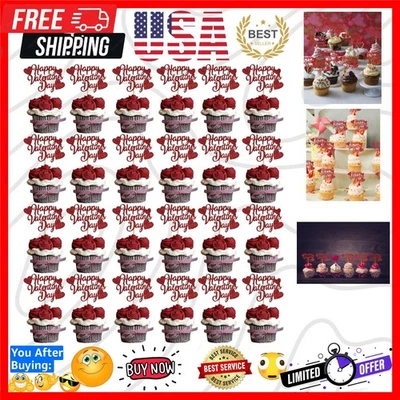 40PC Red Glitter Cupcake Toppers for Valentine’s & Engagement Celebrations - Image 1 of 4