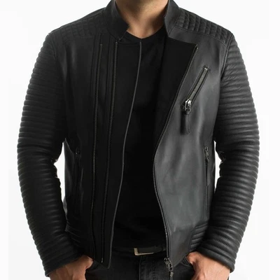 Men's Leather Jacket Black 100% Lambskin Moto Biker Coat  - Image 1 of 4