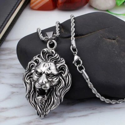 MOYON Hombres Cabeza de León Collar Acero Inoxidable Rey Colgante Punk Cadena Plata