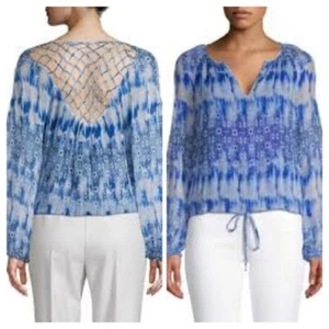Blusa RAMY BROOK Malia •Mujeres S• Túnica Ikat Seda Enrejado Azul Manga Abullonada - Imagen 1 de 12