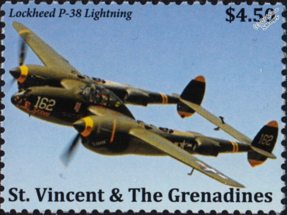 WWII LOCKHEED P-38 LIGHTNING #162 Skidoo Fighter Aircraft Stamp 2022 St Vincent - Image 1 of 1