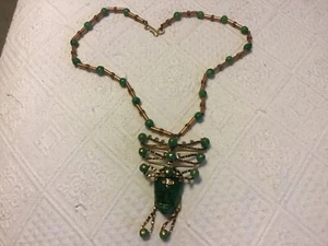 VTG STATEMENT CARVED ONYX MAYAN AZTEC WARRIOR COPPER BRASS NECKLACE MEXICO ORIGI - Picture 1 of 9