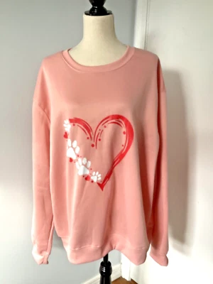 NWOT SIZE 4XL PINK SWEATSHIRT PRINTED HEART PAWS DOG LOVERS - Image 1 of 4