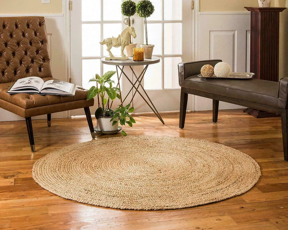 Round Rug Natural Jute Braided Handmade Circle Rug Farmhouse Jute Rug, Beige - Image 1 of 4