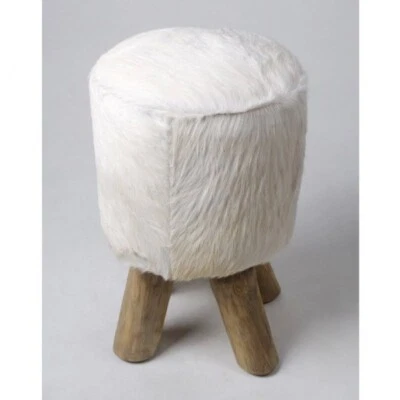 Hocker aus Ziegenfell weiß rund 42 cm Teakholz-Hocker Schemel wohnfreuden - Bild 1 von 4