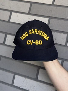 Vintage USS Saratoga CV-60 Blue Medium Large Embroidered Patch SnapBack USA Hat - Picture 1 of 10
